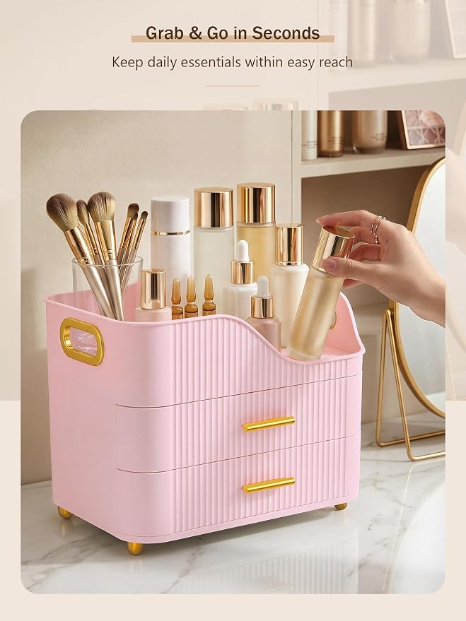 Booklov Countertop Makeup Organizer with Drawers, 3 Tier Large Cosmetic Storage Caddy for Vanity, Bathroom Counter, Dresser, Skincare Display Case for Lipsticks, Beauty Palettes, Teen Girl Gifts, Pink