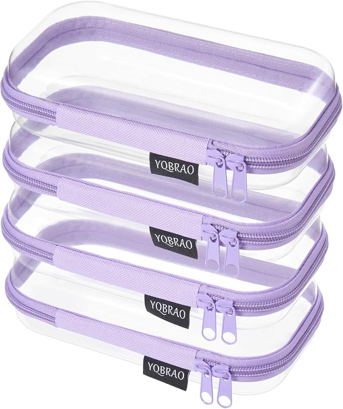 YQBRAO 4-Pack Clear Hard Shell Zipper Case, 1.2mm Ultra-Thick Diaper Bag Organizer Pouches, Rigid Self-Standing Travel Makeup Bags with YKK Zippers, TSA Approved, Purple
