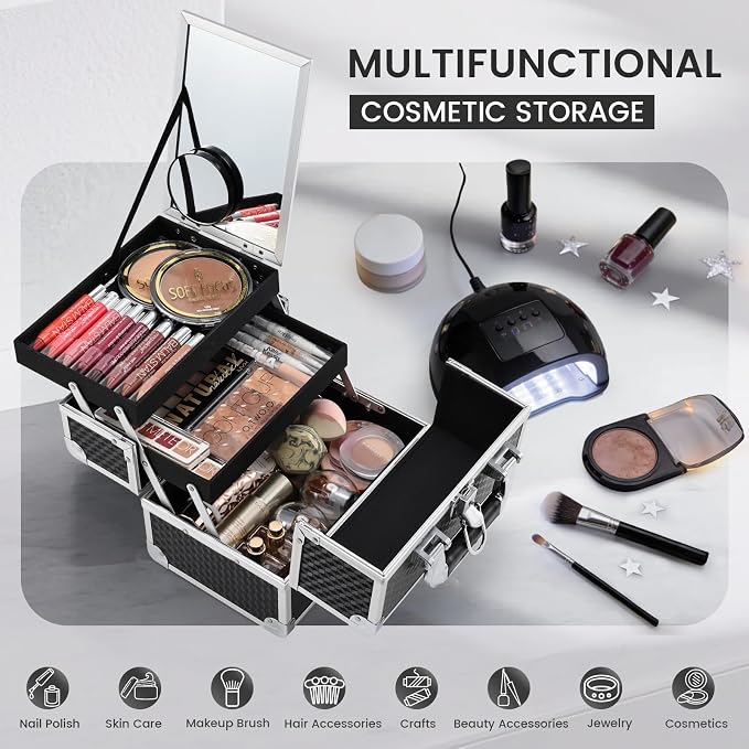 Joligrace Makeup Box Cosmetic Train Case Portable Makeup Organizer Case with Mirror 2 Tray Make up Storage Case for Nail Teach Craft Sewing Travel Vanity Modern Style Black