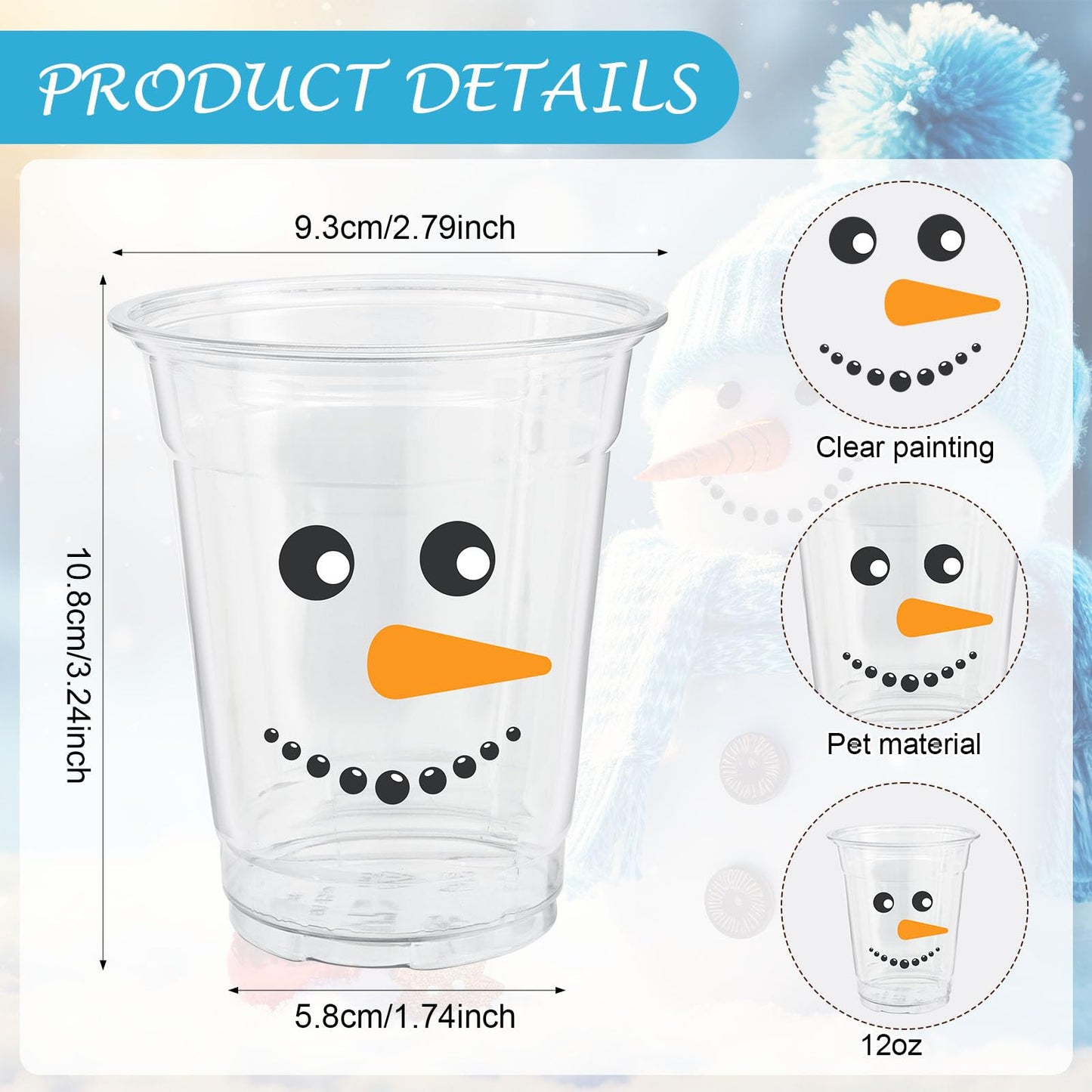 ABURRORI 50 Pcs 12OZ Snowman Plastic cups, Winter Merry Christmas Decorations Snowman Printed Plastic Cups Juice Soda Beverage Party Favors For Xmas Holiday Themed Decorations Supplies