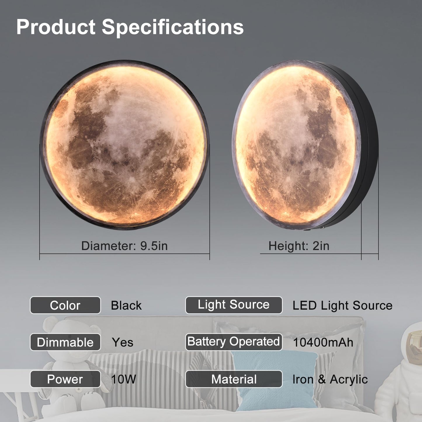 Skylumate Battery Operated Moon Wall Sconces 3 Color Dimmable Rechargeable Moon Wall Light with Remote Control 9.5inch Black Moon Wall Lamp Indoor Wall Mounted Lighting for Living Room Bedroom