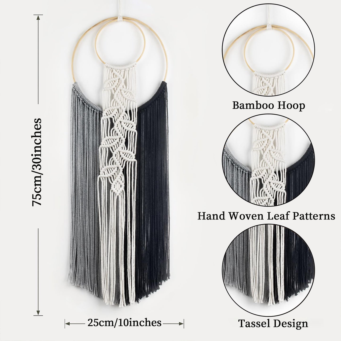 LB Boho Black White Grey Macrame Wall Hanging Hand Woven Leaf Pattern Tapestry Wall Art with Wood beads Modern Aesthetic Tassel Wall Decor for Home, Bedroom, Living Room