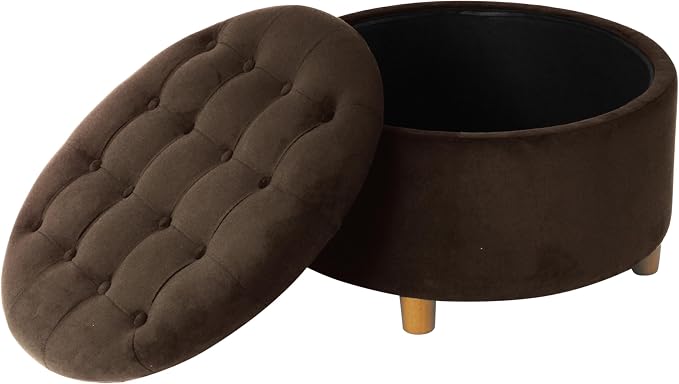 Homepop Home Decor | Button Tufted Velvet Round Storage Ottoman | Ottoman with Storage for Living Room & Bedroom, Chocolate Brown Velvet