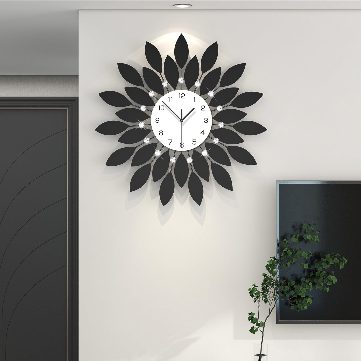 FLEBLE Large Wall Clocks for Living Room Decor Modern Wall Clock Decorative Silent Non-Ticking 24 Inch Round Black Metal Crystals Clock for Office, Home, Bathroom, Kitchen, Bedroom or Entryway