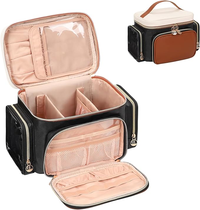 Bagmoly Large Makeup Bag, Portable Travel Makeup Bag Organizer for Women Girls with Makeup Brush Compartment & Two Side Pockets, Cosmetic Travel Bag Vertical Storage Toiletry Bag- Brown
