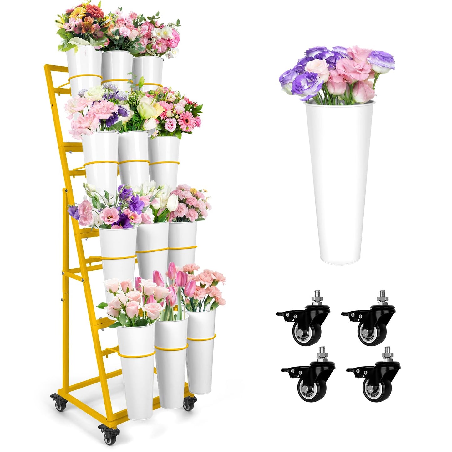 ZpigToor Flower Display Stand With 12 Buckets,4-Tier Flower Bar with Wheels,Flower Cart Display Stand for Florist Garden Wedding Home Decor (Gold)