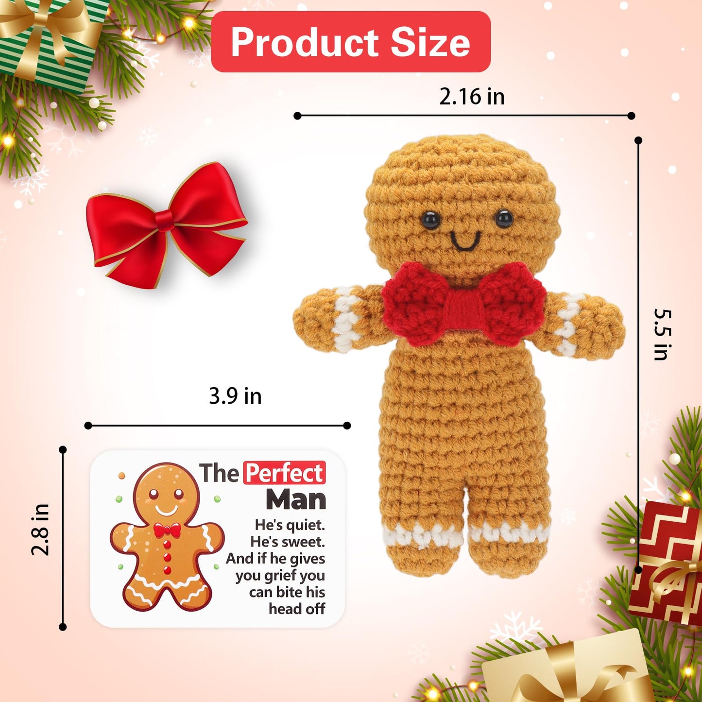 A AIFAMY Positive Gingerbread Doll Funny Handmade Crochet Christmas Stuffed Animals with Affirmation Card for Christmas Decor Gag Gift