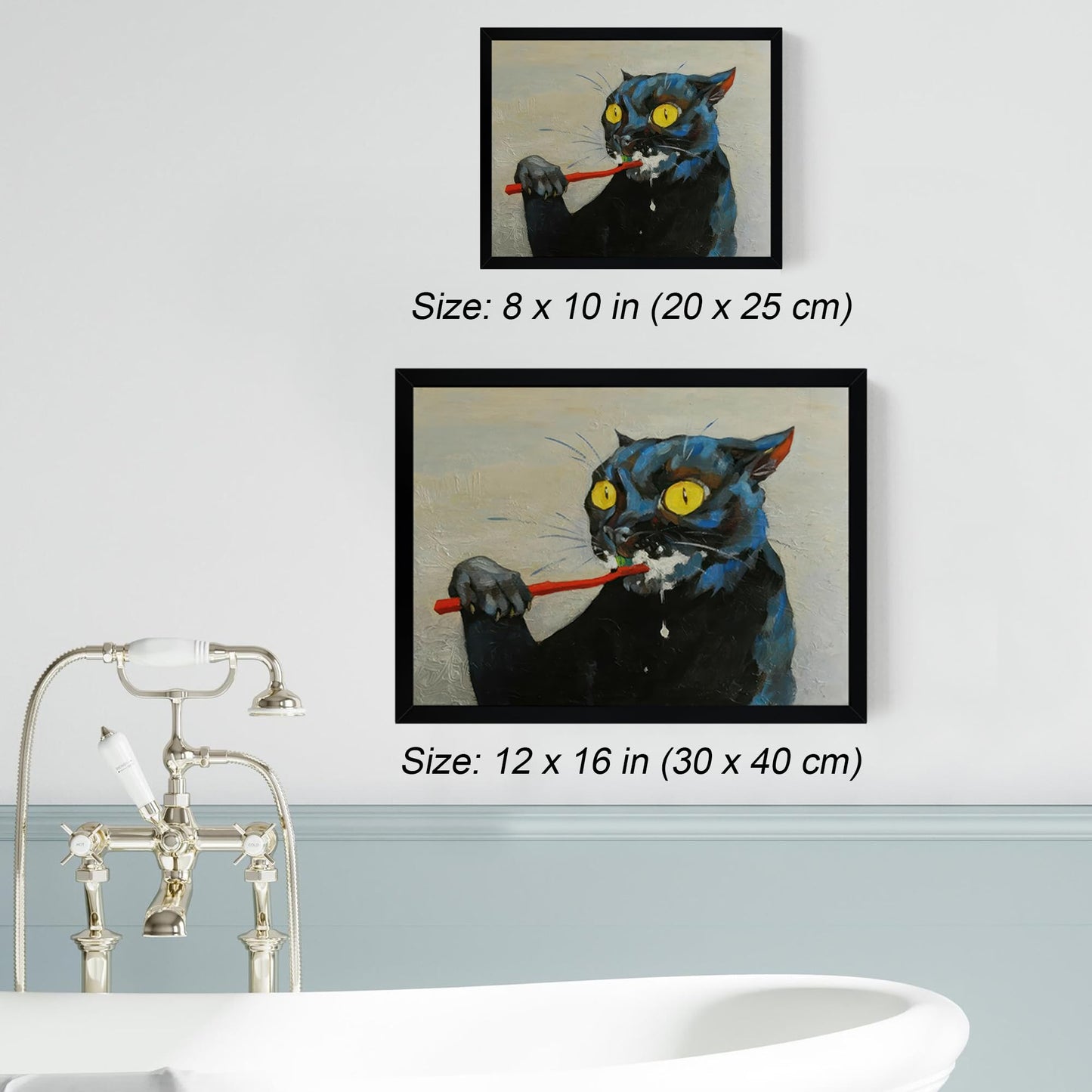 ICHZUMW Funny Black Cat Bathroom Wall Art Decor, Quirky Framed Canvas Print Painting of Cat Brushing Teeth, Humorous Animal Pictures Wall Decoration, Modern Home Artwork, Restroom Powder Room, 8x10in
