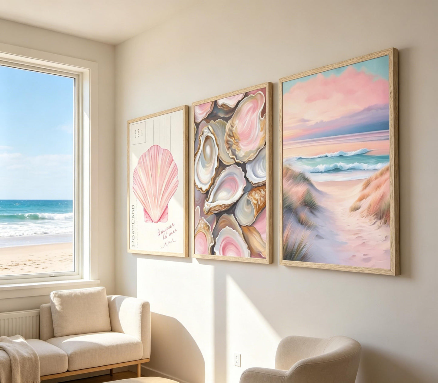 Aisandcuis 3Pcs Pink Oyster Shell Poster Wall Art Coastal Painting Picture Wall Decor Preppy Girly Beach Canvas Print Artwork for Beach House Apartments Girls Room Dorm Home Decoration Unframed