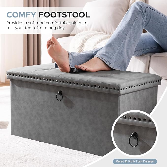 oakvivo 30 Inches Folding Storage Ottoman Bench, Leather End of Bed Foot Rest Stools with Button Tufted Rivet Design, Ottoman with Padded Seat for Bedroom, Living Room, Entryway, 330 lb, Grey