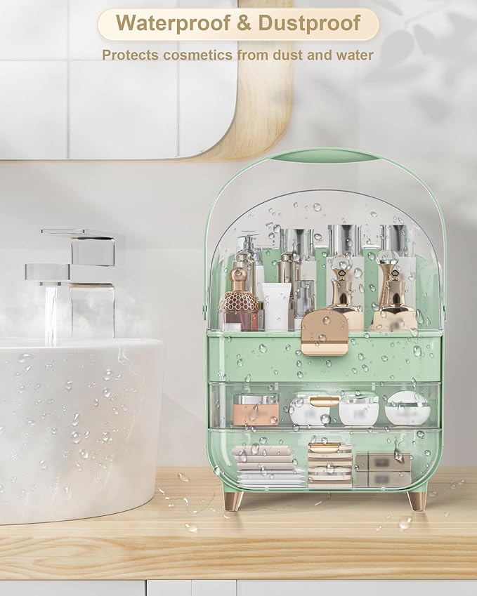 Makeup Organizer Countertop, Skincare Holder Bathroom Counter Organizer, Storage Box Cosmetic Display Cases, Teen Girl Gifts Make up Organizers (Green/Brush)