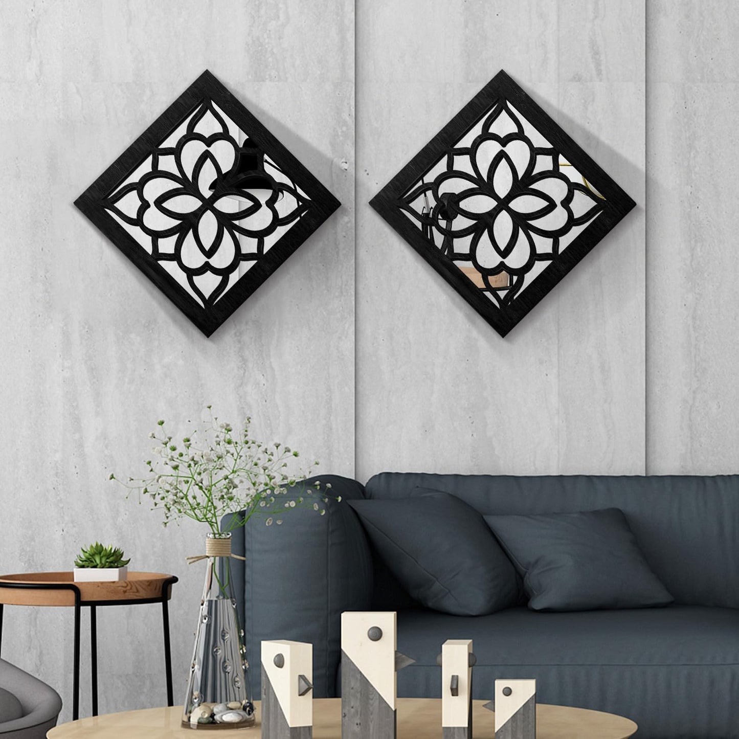KOYILTD 2 PCS Square Wall Mirror,Rustic Farmhouse Wall Mirrors,12 inch Small Mirror Art (style2 Black)
