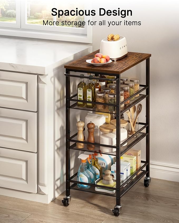 Pipishell Slim Storage Cart with Wheels, 4 Tier Rolling Bathroom Storage Cart with Handle and Wood Top, Metal Slim Kitchen Cart for Laundry Room, Bathroom, Kitchen, Narrow Space, Black & Rustic Brown