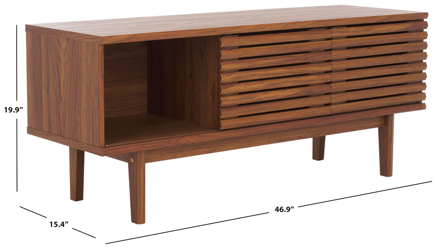 SAFAVIEH Aricia TV Stand for up to 55" Flatscreen – Walnut, 2 Sliding Doors with Interior Storage, 1 Open Shelf, Entertainment Media Console (MED9632A)