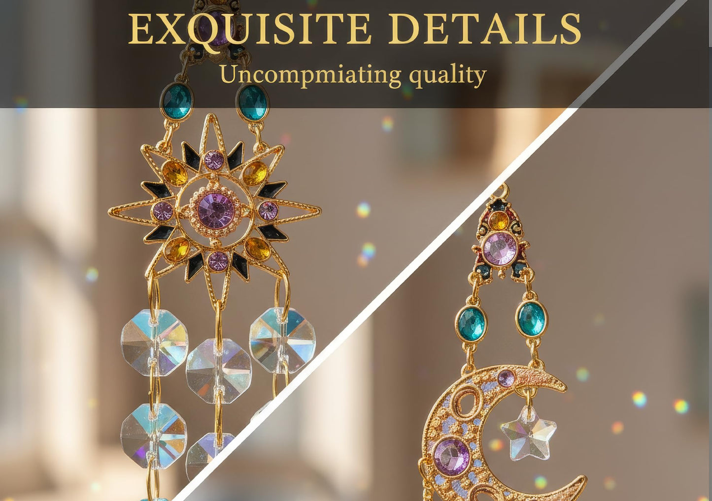 Sun Moon Crystal Suncatcher Set - Rainbow Maker Window Hanging Ornament for Home Garden Car Decor & Spiritual Gift (2-Pack)