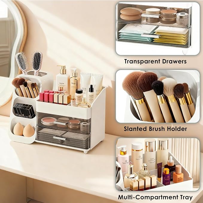 Bathroom Countertop Makeup Organizer with Brush Holder, Large Cosmetic make up storage organizers with 2 Drawers for Vanity Counter top, Makeup Caddy for skincare, lipsticks, hairbrush