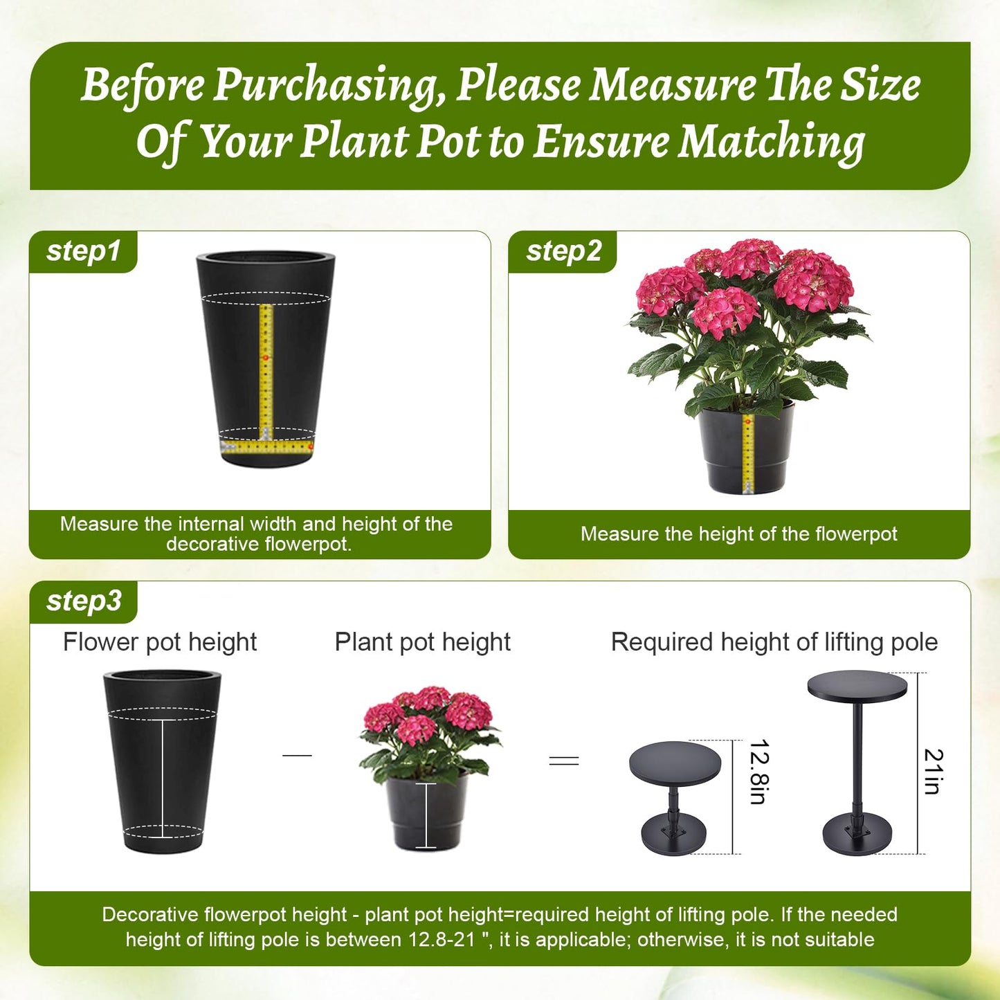 Decivems Adjustable Large Plant Riser for Indoor/Outdoor Pots 12.8-21" Universal Plant Stand with 6/8/10" Base, Fits 8/10/12 Inch Round/Square Planters