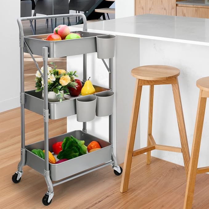 Foldable 3 Tier Metal Utility Rolling Cart, Folding Mobile Multi-Function Storage Trolley Organizer Cart for Home Library Office(Grey)