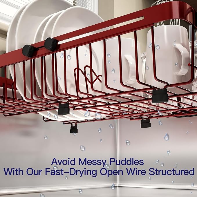 MAJALiS Red Dish Drying Rack Over The Sink with Utensil Holder, Mat | Expandable Stainless Steel Dish Drainer for Small Kitchen, Apartment, RV, Counter Space Saving, Perfect Fit, Rustproof