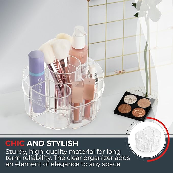 Masirs Small 360 Rotating Makeup Organizer - Mini Yet Spacious Cosmetic Storage Solution with Multiple Compartments - The Perfect Spinning Make-Up Caddy for Vanity or Bathroom Counter (Round - Clear)