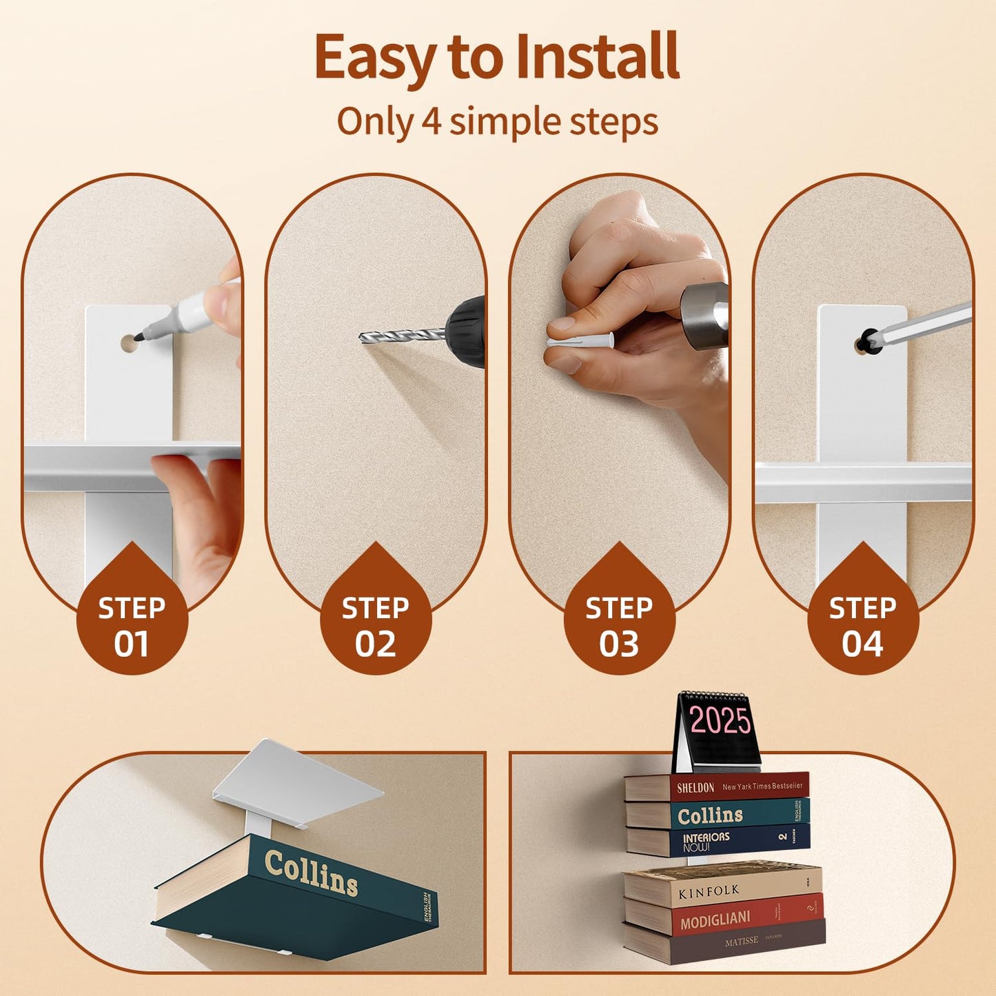 Professional Invisible Floating Book Shelves for Wall, 6 Tier Vertical Spine Book Tower Hanging Bookshelves, Wall Mounted & Space Saving, Heavy Duty Metal Book Organizer for Home Office, 3 Pack White