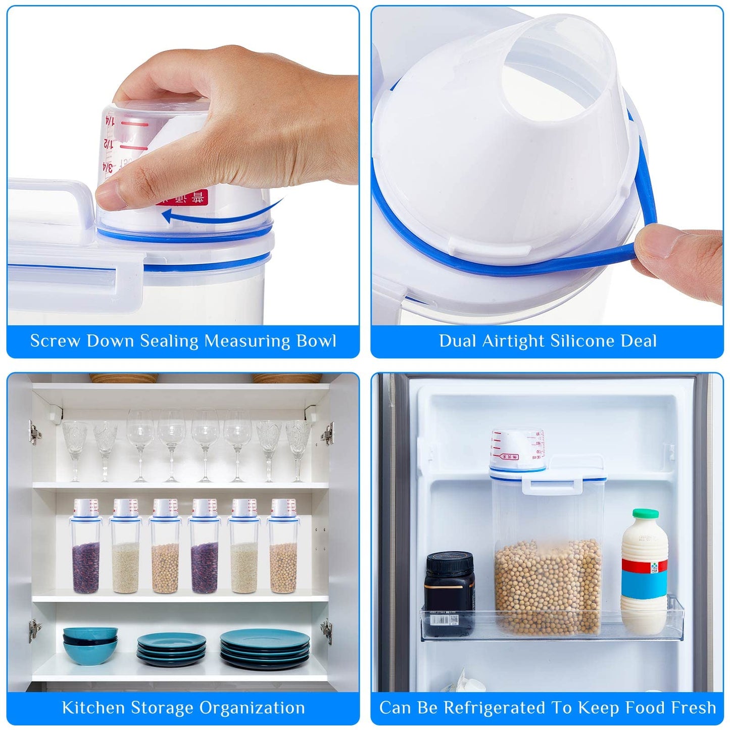 Suclain 6 Pcs Rice Airtight Storage Container 3 to 5Lbs with Pour Spout,Measuring Cup Food Storage Holder Dispenser for Oatmeal Flour Grain & Pet Cat Dog Food Container