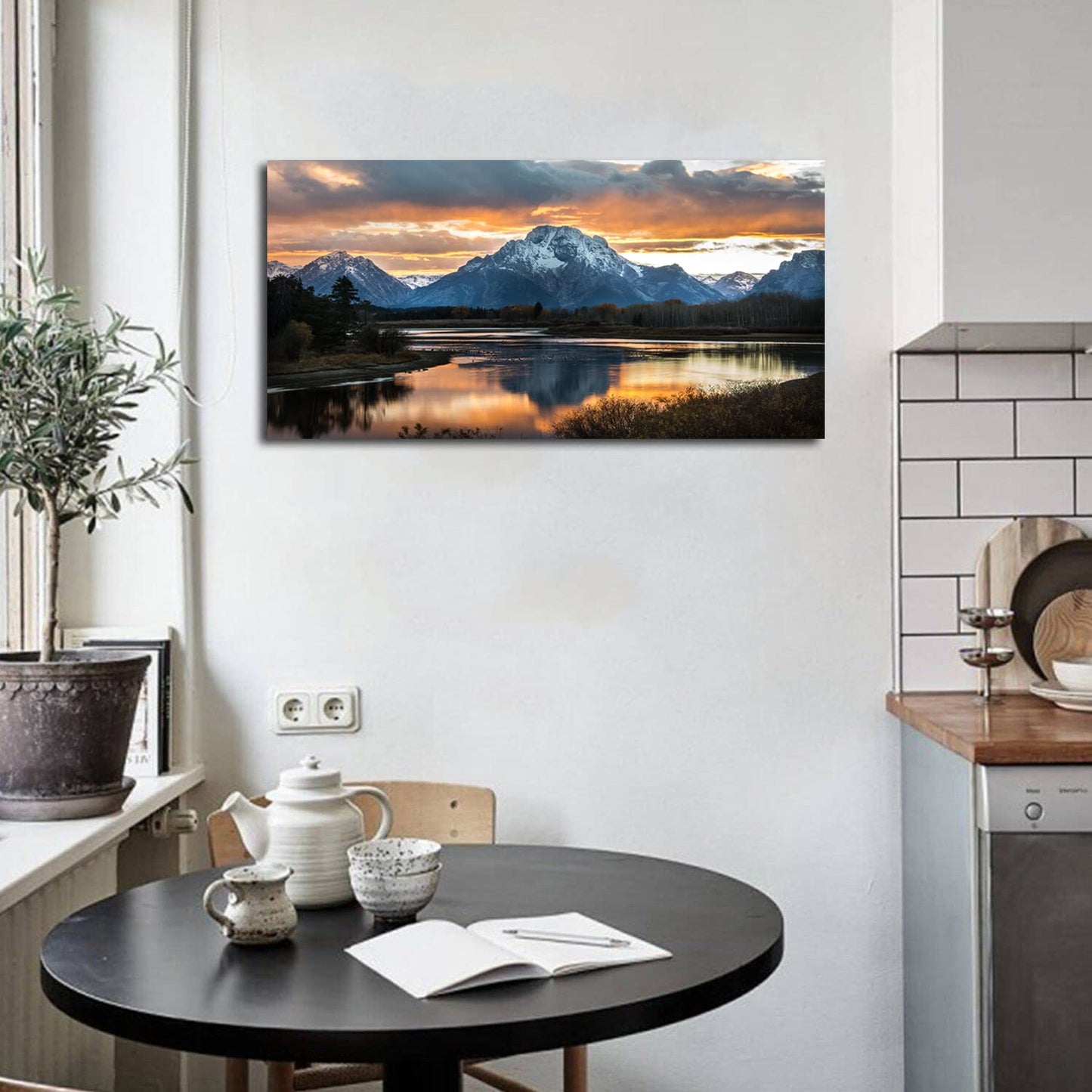 Sunset Mountain Wall Art for Living Room Nature Grand Teton Landscape Canvas Wall Decor National Park Wall Art Oxbow Bend Snake River Scenery Wyoming Painting Artwork Office Home Decoration 20x40"