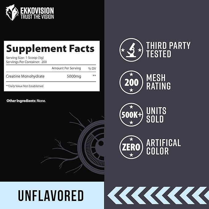 Ekkovision Creatine Monohydrate Powder, Micronized, Unflavored, Pre Workout & Post Workout Supplement for Men and Women, Energy Support, Easy to Mix in Shakes, Smoothies & Beverages, 200 Servings