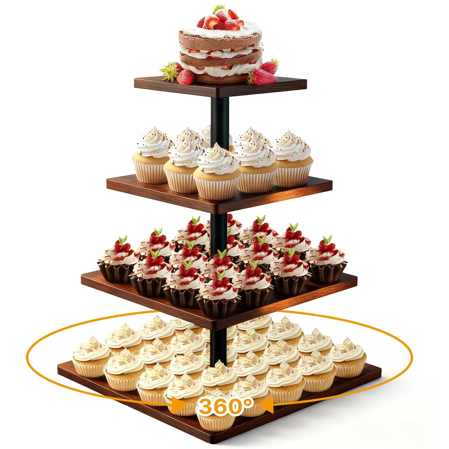 NANXITU 4 Tier Cupcake Stand for 50 Cupcakes,360 Rotatable Wooden Cake Dessert Tower Holder,Rustic Square Tiered Tray Serving Display for Wedding Birthday Baby Shower Tea Party