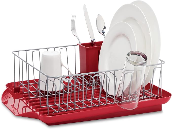 Farberware Classic Large Rust Resistant Full Dishrack with Removable 3 Compartment Flatware Caddy, Andlged Drain Board, 3-Piece, Red