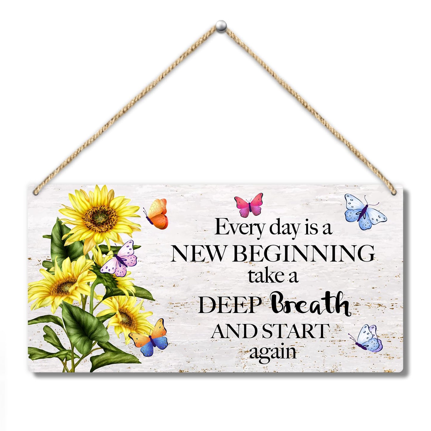 Butterfly Front Door Inspiration Wooden Hanging Sign, Every Day is a New Beginning Take a Breath Rustic Hanging Wall Plaque Sign, Wooden Art Printed Decor Gift for Outdoor Indoor Home -22