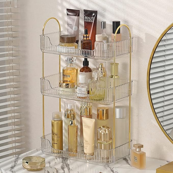 shuang qing Bathroom Counter Organizer Countertop Storage, Cosmetics Skincare Shelf, Makeup Organizer Perfume for Dresser Vanity Tray, Spice Rack for Kitchen(3 Tier-Clear)