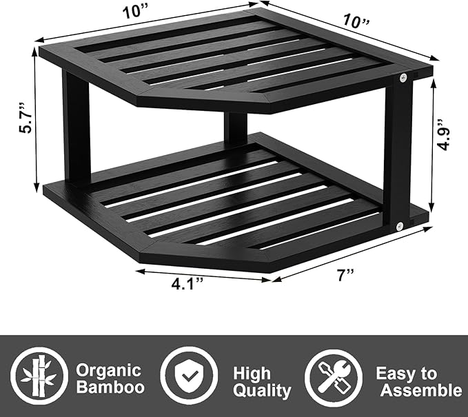 VERTORGAN Bamboo Corner Shelf(3 Pack),2 Tier Plate Organizer for Cabinet and Countertop,Pantry Dish and Spice Rack for Kitchen(Black)