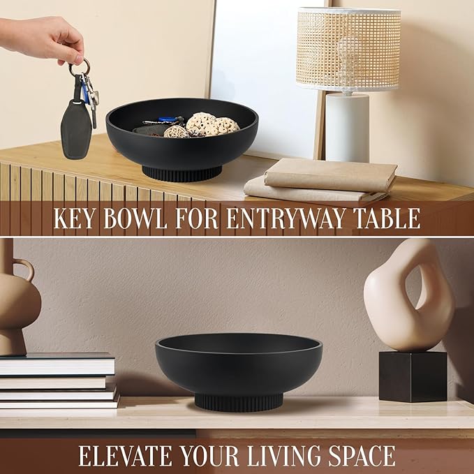 Deobath Large Resin Pedestal Decorative Bowl - Modern Handicraft Bowls for Home Decor - Fruit Bowl for Kitchen Counter - Key Bowl for Entryway Table,Matte Black