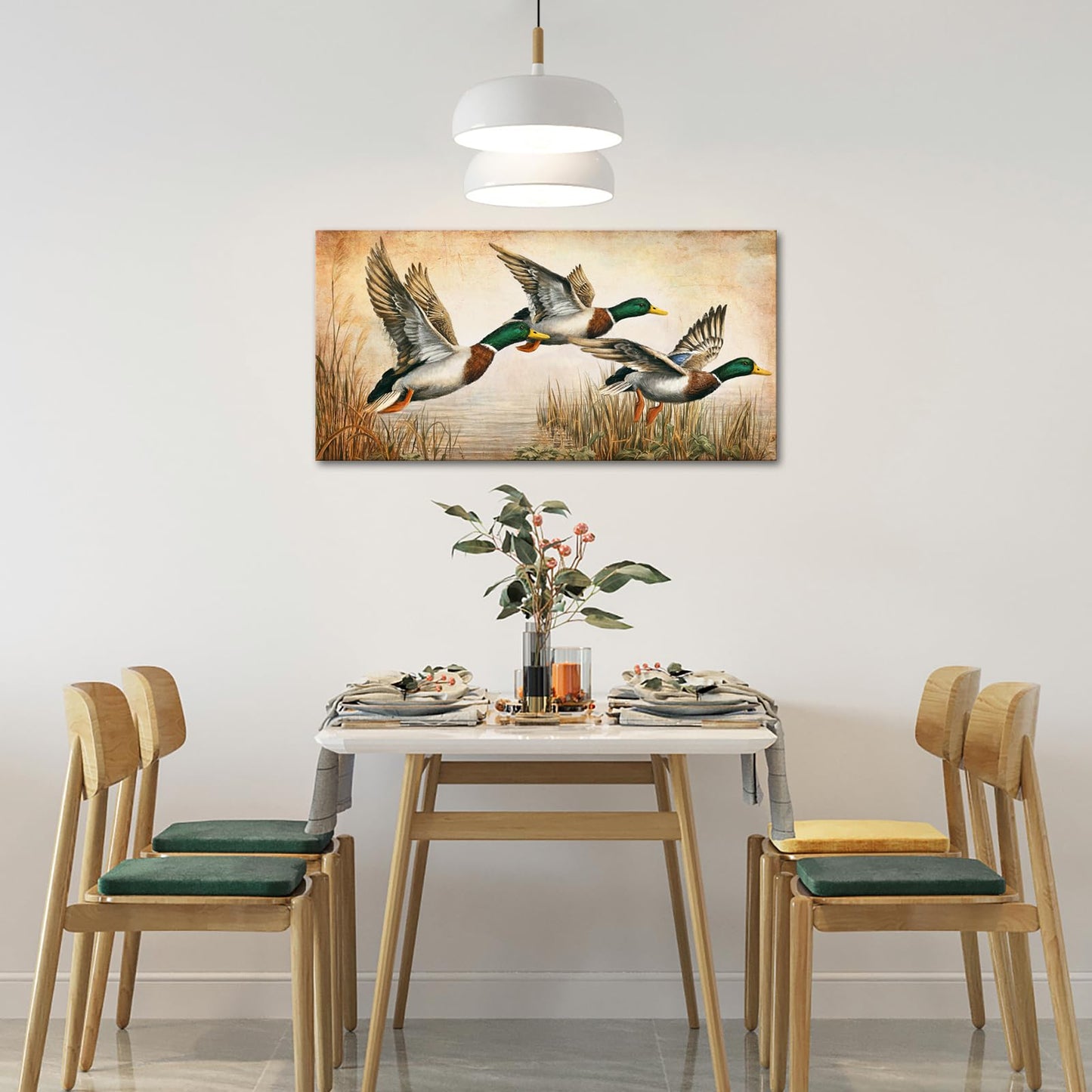 LevvArts Mallard Ducks Wall Art Canvas Flying Duck Pictures Painting Lake House Cabin Farmhouse Artwork Decor 20"x40"