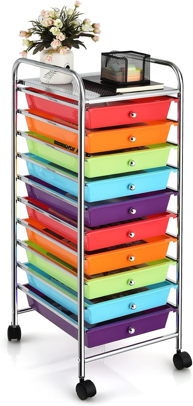 COSTWAY 10-Drawer Rolling Storage Cart, Utility Mobile Trolley with Removable Drawers & Universal Casters & 2 Brakes, Versatile Flexible Drawer Organizer Cart for Home, Office (Multi-Colored)