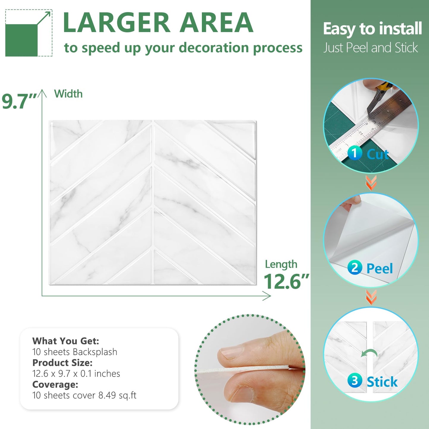 STICKGOO 10 Sheets Thicker Herringbone Peel and Stick Backsplash, 12.6”×9.7” Stick on Wall Tiles, Self Adhesive Tile Sticker for Kitchen Backsplash and Bathroom, White Marble