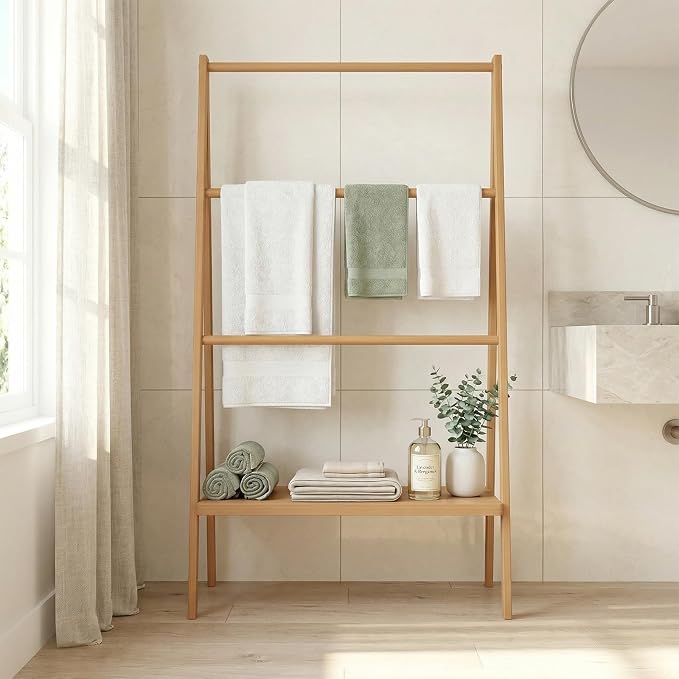 Bamboo Ladder Towel Rack - Blanket Holder with Storage Shelf for Bathroom & Living Room, Freestanding 30.16" L x 12.01" W x 51" H, Eco-Friendly