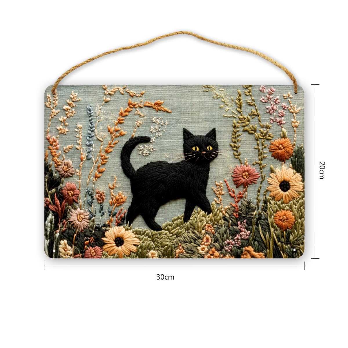 CDSASHCA Embroidered Black Cat In Flowers Wooden Sign 12x8 Inch, Charming Pet Wood Wall Art for Living Room, Rustic Farmhouse Wall Decors, Ideal for Cat Lovers & Nature Enthusiasts