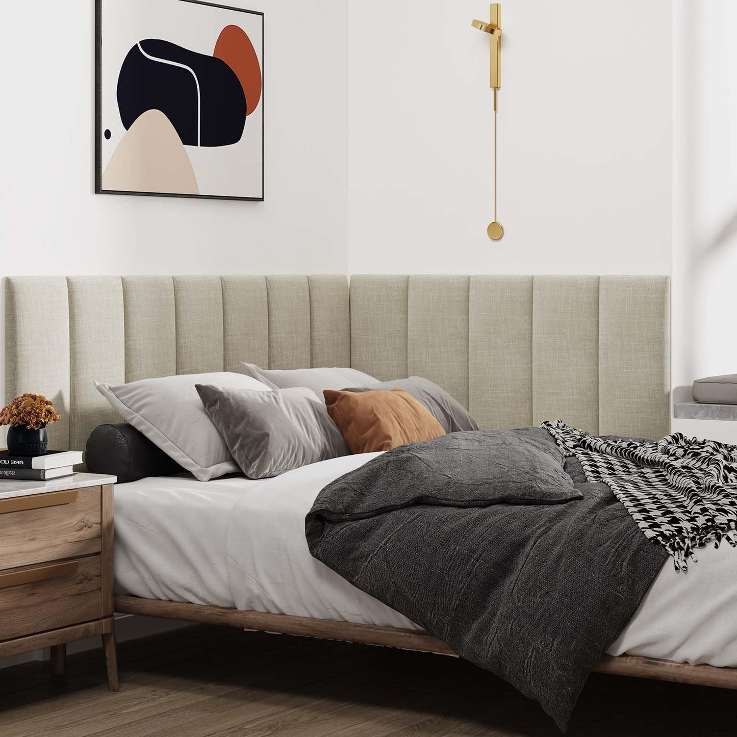 IFNOW Upholstered Wall Mounted Headboard, 3D Soundproof Wall Panels Peel and Stick for Queen Size, Reusable and Removable Tufted Bed Headboard in Beige (9 Panels, 10" x 24")