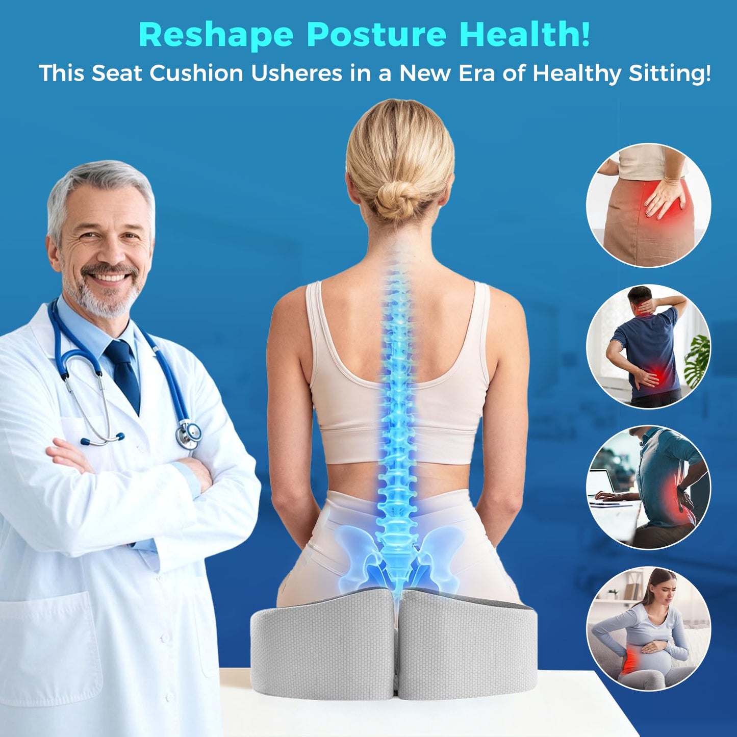 Seat Cushion for Office Chair with Adjustable Loft, Thick Memory Foam Chair Cushion for Back & Sciatica Tailbone Coccyx Pain Relief on Home Chair, Ergonomic Wheelchair Desk Pillow Hip Shaping Support