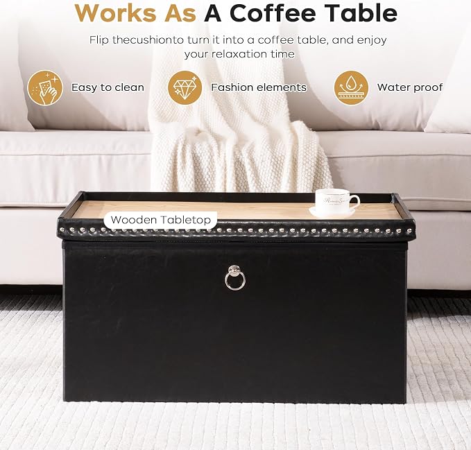 oakvivo Folding Storage Ottoman Bench 30in, Leather Foot Rest Stools Ottoman with Storage, Coffee Table, End of Bed Bench Footstool for Living Room, Bedroom, Load 330 lb, 30x15x15 inches, Black