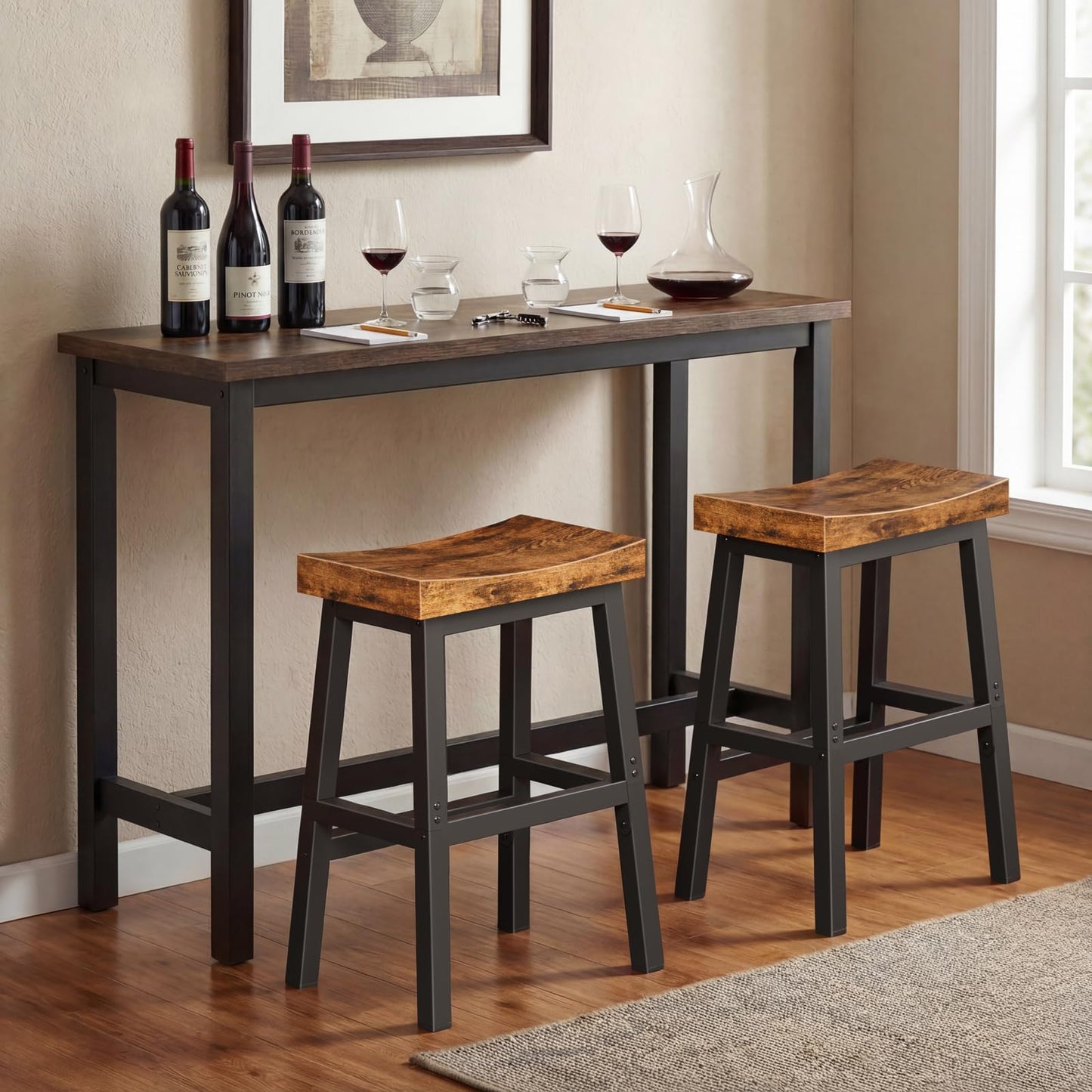 WINAZ Rustic Bar Stools, 24 Inch Barstools, Counter Height Stools with Footrest, Wooden Stool for Kitchen Island, Heavy Duty Backless Chair for Dining Table Farmhouse Outdoor 1 PC