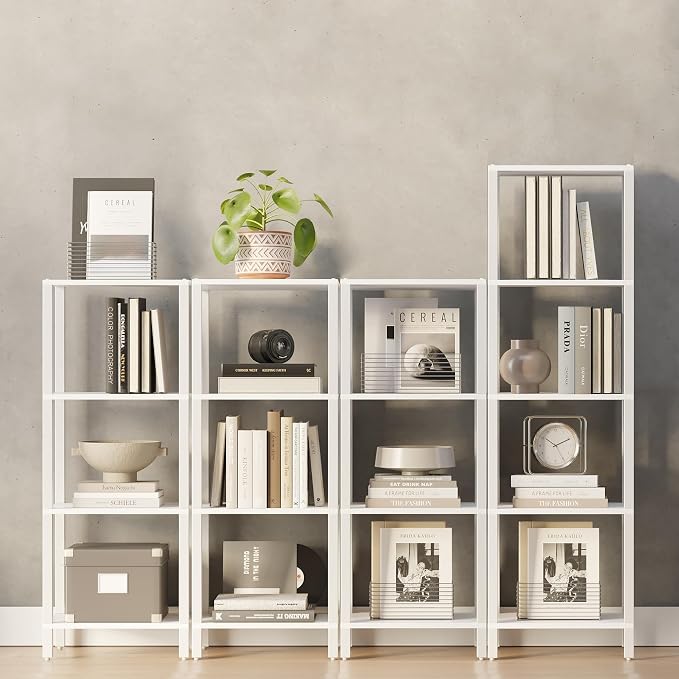 TUTOTAK Bookshelf, 4-Tier Tall Book Shelf, Narrow Bookcase for Small Space, DIY Stackable Bookshelf, for Living Room, Office, Study, Entryway, Industrial, White BS01BW004