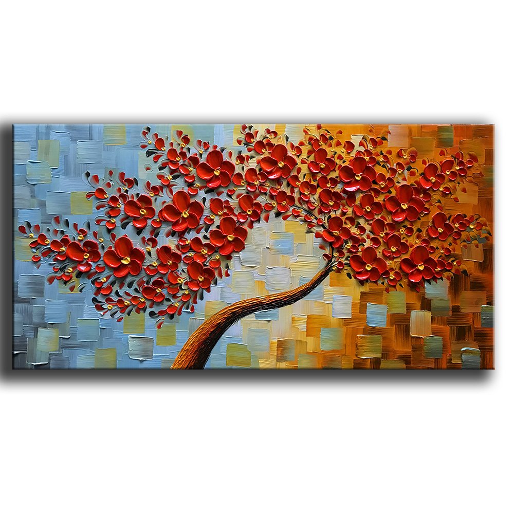 YaSheng Art- hand painted Contemporary Art Oil Painting On Canvas Texture Palette Knife 3D Red Flowers Tree Paintings Abstract Art Home Modern Bedroom Dining Room Living Room Wall Art Decor 20x40inch