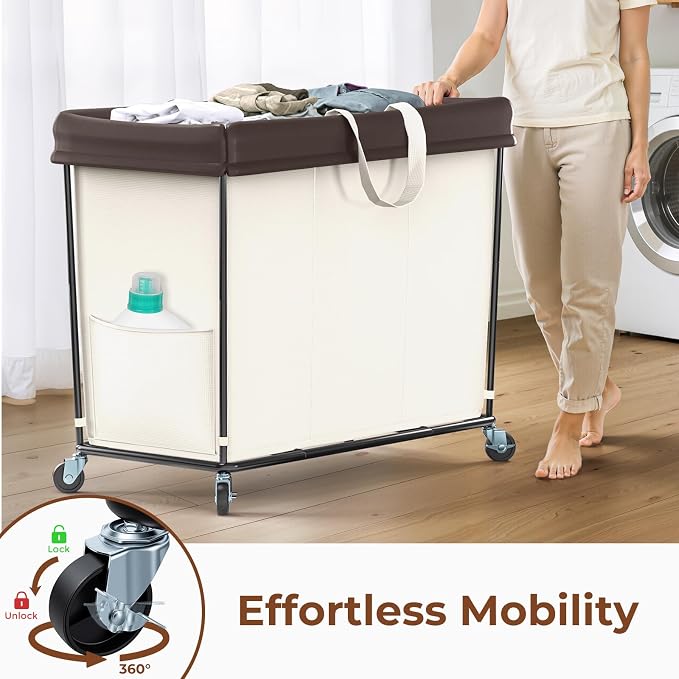 Mefirt 320L Laundry Hamper with Wheels, 3 Section Large Rolling Laundry Basket Bag with Wheels, Clothes Hamper Cart for Laundry, Bedroom, Bathroom and Dorm