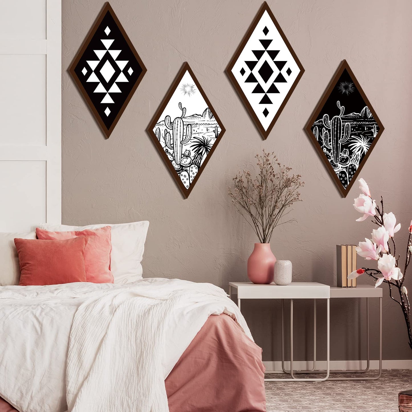 Ferraycle 4 Pcs Boho Cactus Wall Decor Aztec Wall Art Cactus Desert Western Farmhouse Home Decor Wooden Geometric Diamond Hanging Frame VBS(6.7 x 11.8 Inch)