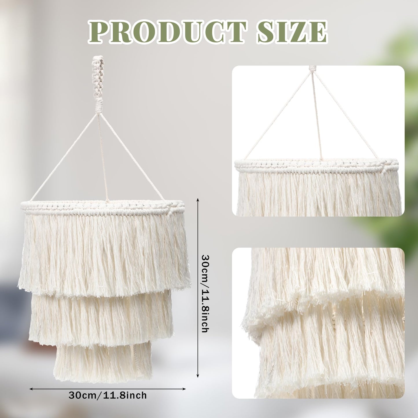 Glooglitter 3 Tiered Boho Chandelier Decoration 11.8 Inch Fringe Pendant Light Fixture Tassel Chandelier Ceiling Decor Farmhouse Rustic Fringe Pendant for Entryway Kitchen Dining Living Room Bedroom