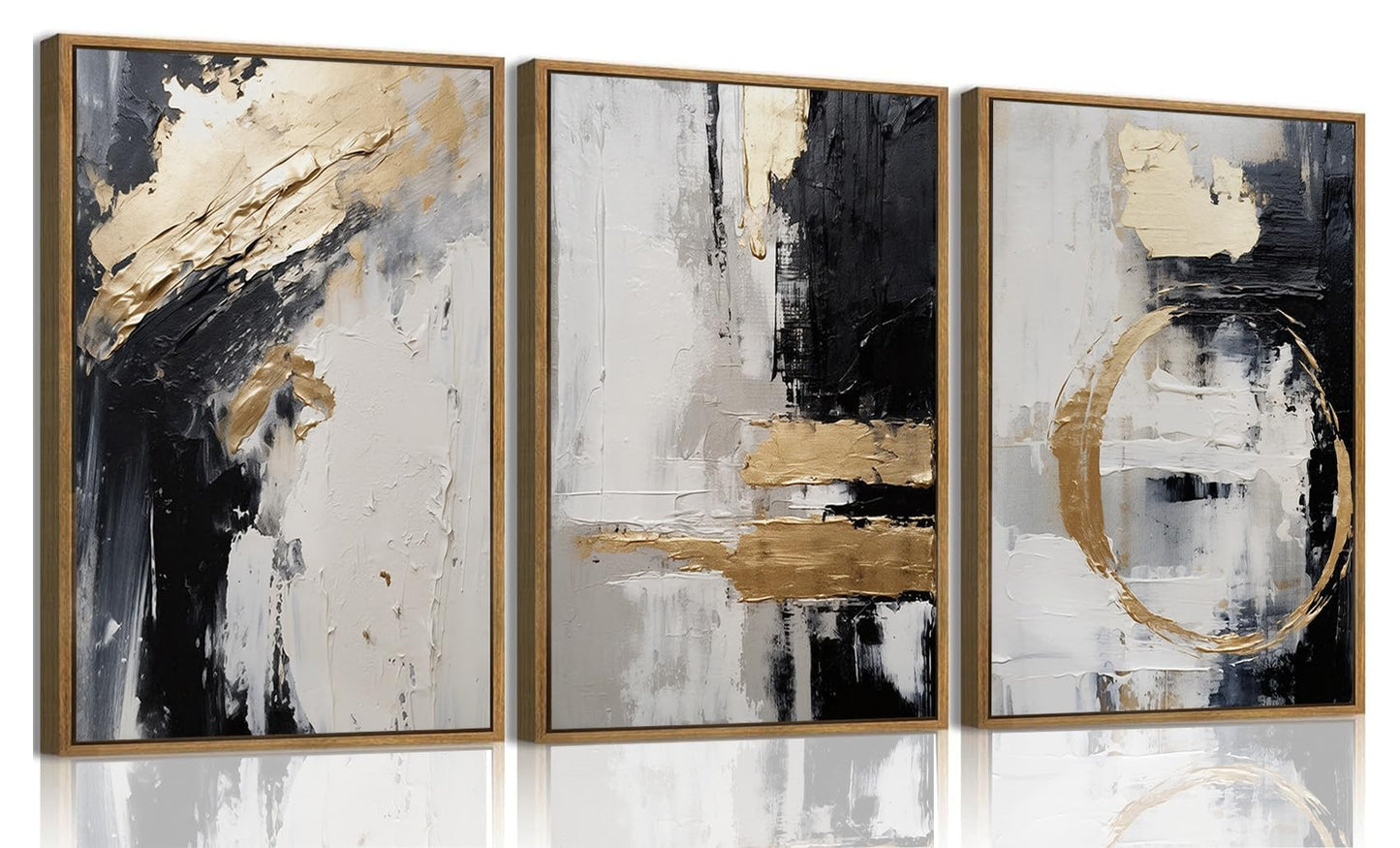KISSFOX 3 Piece Framed Wall Art Abstract Wall Decor Black Gold Pictures Modern Canvas Art Large Luxury Paintings Artwork For Living Room Bedroom Office
