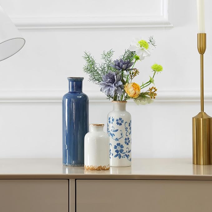 Ceramic Vases Set of 3, Blue and White Vintage Flower Vase for Farmhouse Shelves, Rustic Vase for Table Bookshelf, Living Room Decorative